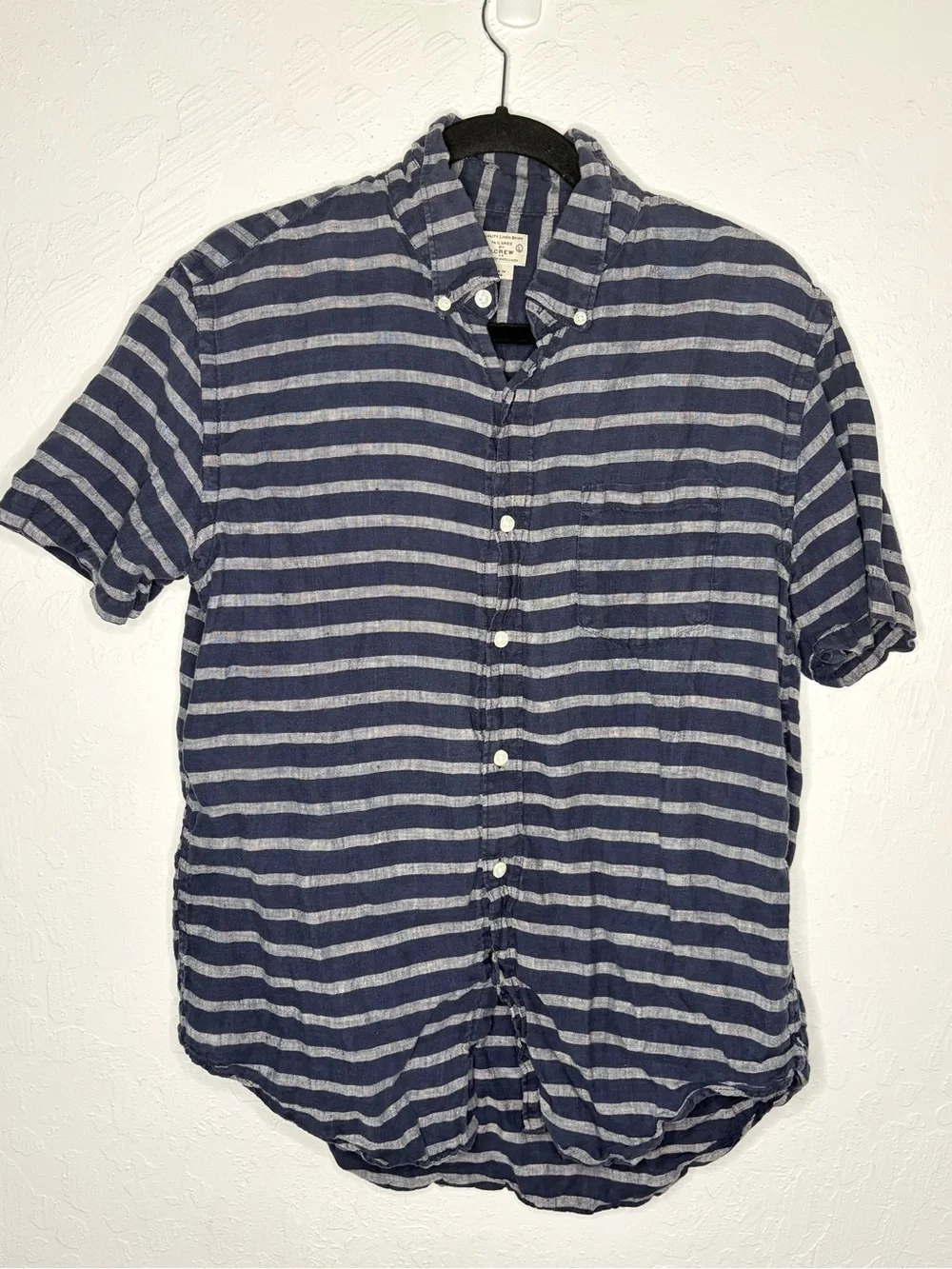 J. Crew Mens Large 100% Linen Shirt Navy Striped Classic Button Short Sleeve